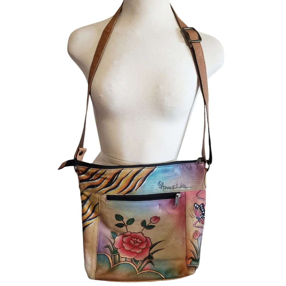 Anuschka Handbag Painted Butterfly Leather Floral Multicolor Crossbody Hobo Bag